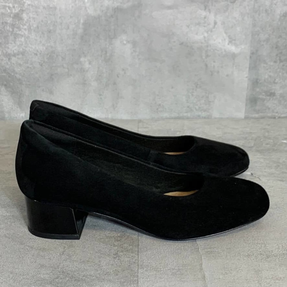 CLARKS Black Suede Marilyn Leah Square Closed Toe Block Heel Slip-On Pumps SZ 6